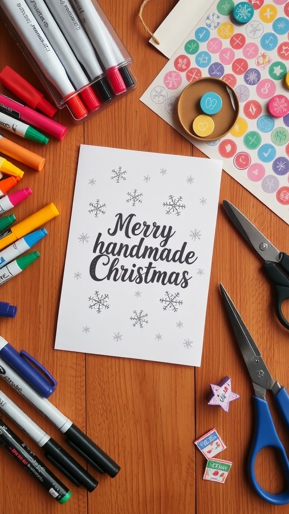 Handmade Christmas Cards for Your Boyfriend Handmade Christmas card with snowflakes and a message on a wooden table with crafting supplies.